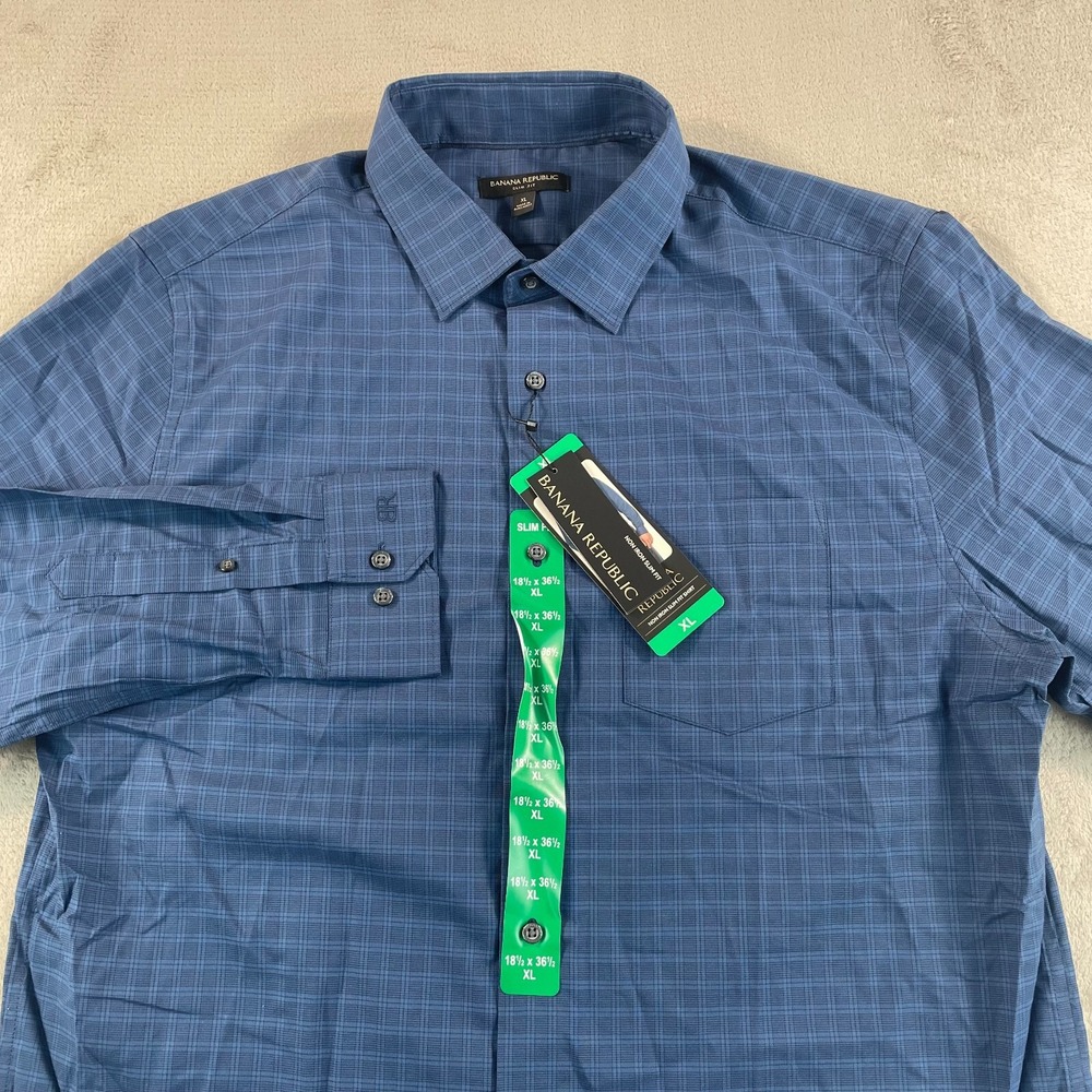 Banana Republic Slim Fit Shirt Men XL 18.5 36.5 Dark Blue Plaid Long Sleeve NWT
